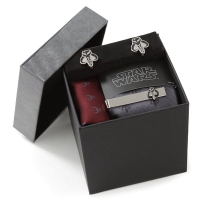 Star Wars Mandalorian Mythosaur Gray Tie, Red Pocket Square, Cufflinks, and Tie Bar Gift Set