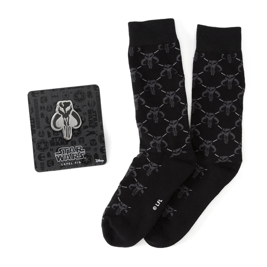 Star Wars Mandalorian Charcoal Gray Dress Socks and Mythosaur Lapel Pin Gift Set