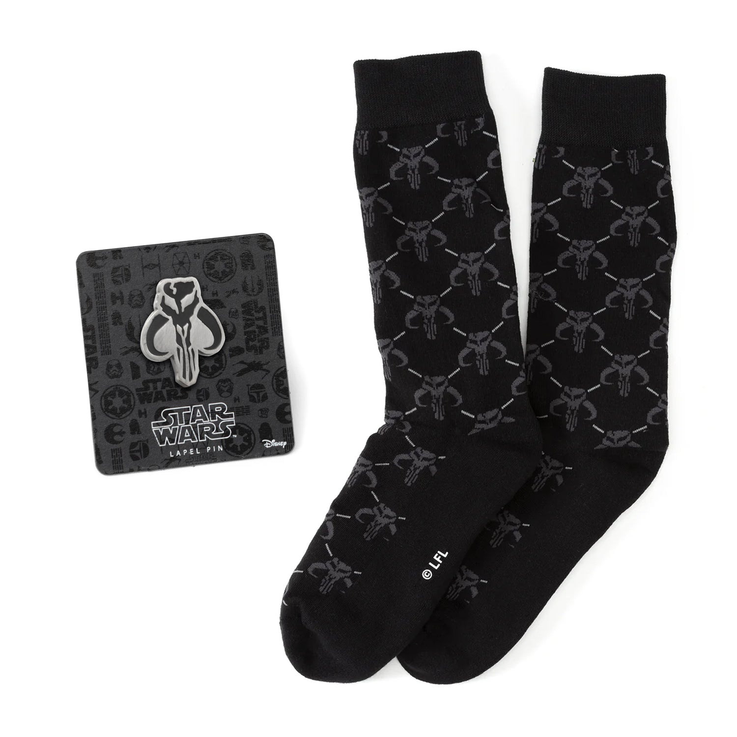 Star Wars Mandalorian Charcoal Gray Dress Socks and Mythosaur Lapel Pin Gift Set by Cufflinks.com