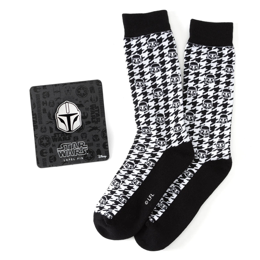 Star Wars Mandalorian Houndstooth Black and White Dress Socks and Lapel Pin Gift Set by Cufflinks.com