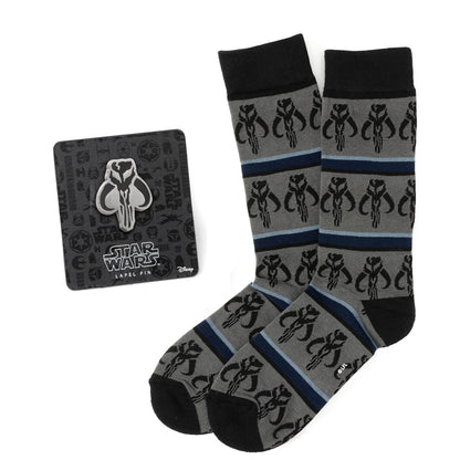 Star Wars Mandalorian Mythosaur Striped Dress Socks and Lapel Pin Gift Set