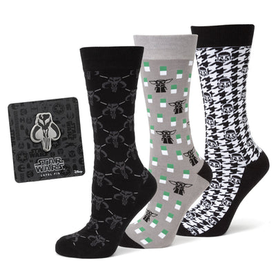 Star Wars Mandalorian Dress Socks 3-Pack and Mythosaur Lapel Pin Gift Set 