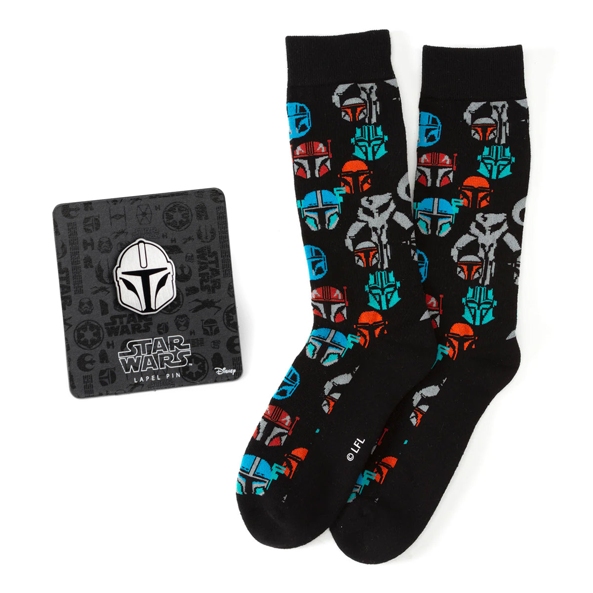 Star Wars Mandalorian and Mythosaur Multicolored Navy Dress Socks and Lapel Pin Gift Set by Cufflinks.com