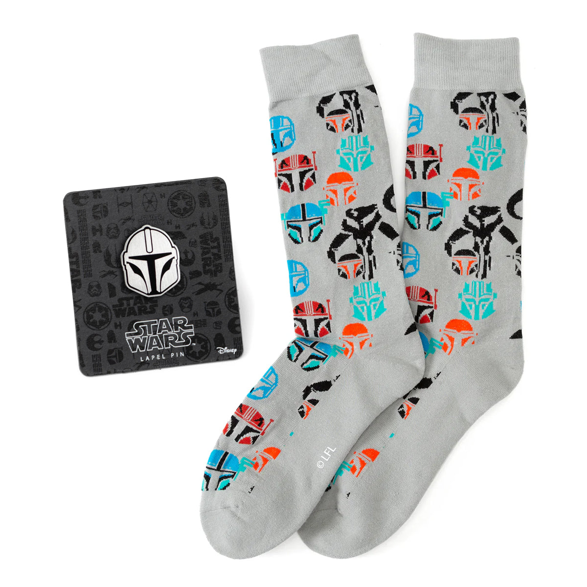 Star Wars Mandalorian and Mythosaur Multicolored Gray Dress Socks and Lapel Pin Gift Set 
