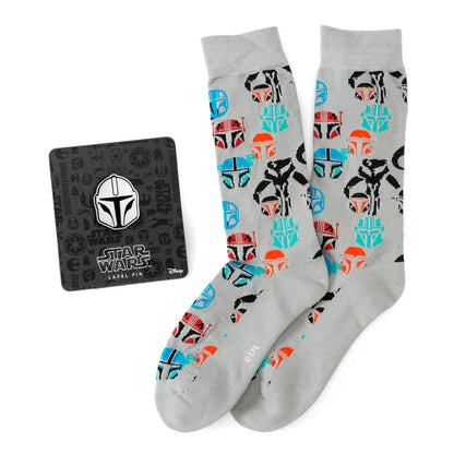 Star Wars Mandalorian and Mythosaur Multicolored Gray Dress Socks and Lapel Pin Gift Set 