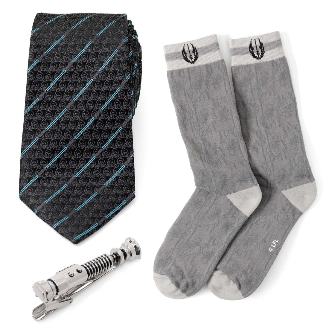Star Wars Obi-Wan Kenobi Blue LIGHTSABER Pattern Black Tie, Tie Clip, and Gray Jedi Crest Dress Socks Gift Set