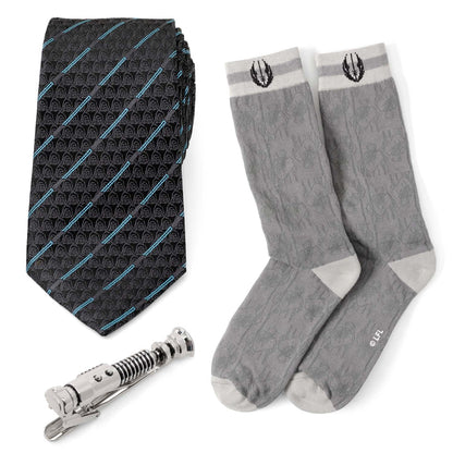 Star Wars Obi-Wan Kenobi Blue LIGHTSABER Pattern Black Tie, Tie Clip, and Gray Jedi Crest Dress Socks Gift Set
