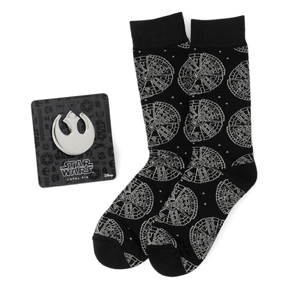 Star Wars Millennium Falcon Black Dress Socks and Lapel Pin Gift Set