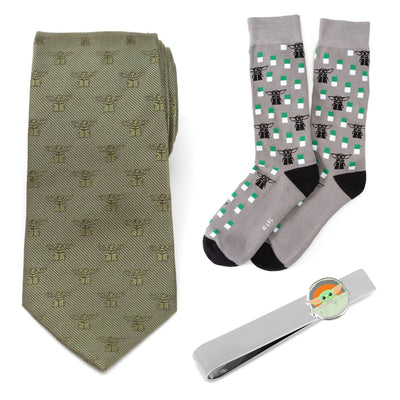 Star Wars Grogu Green Tie, Gray Dress Socks, and Tie Bar Gift Set 
