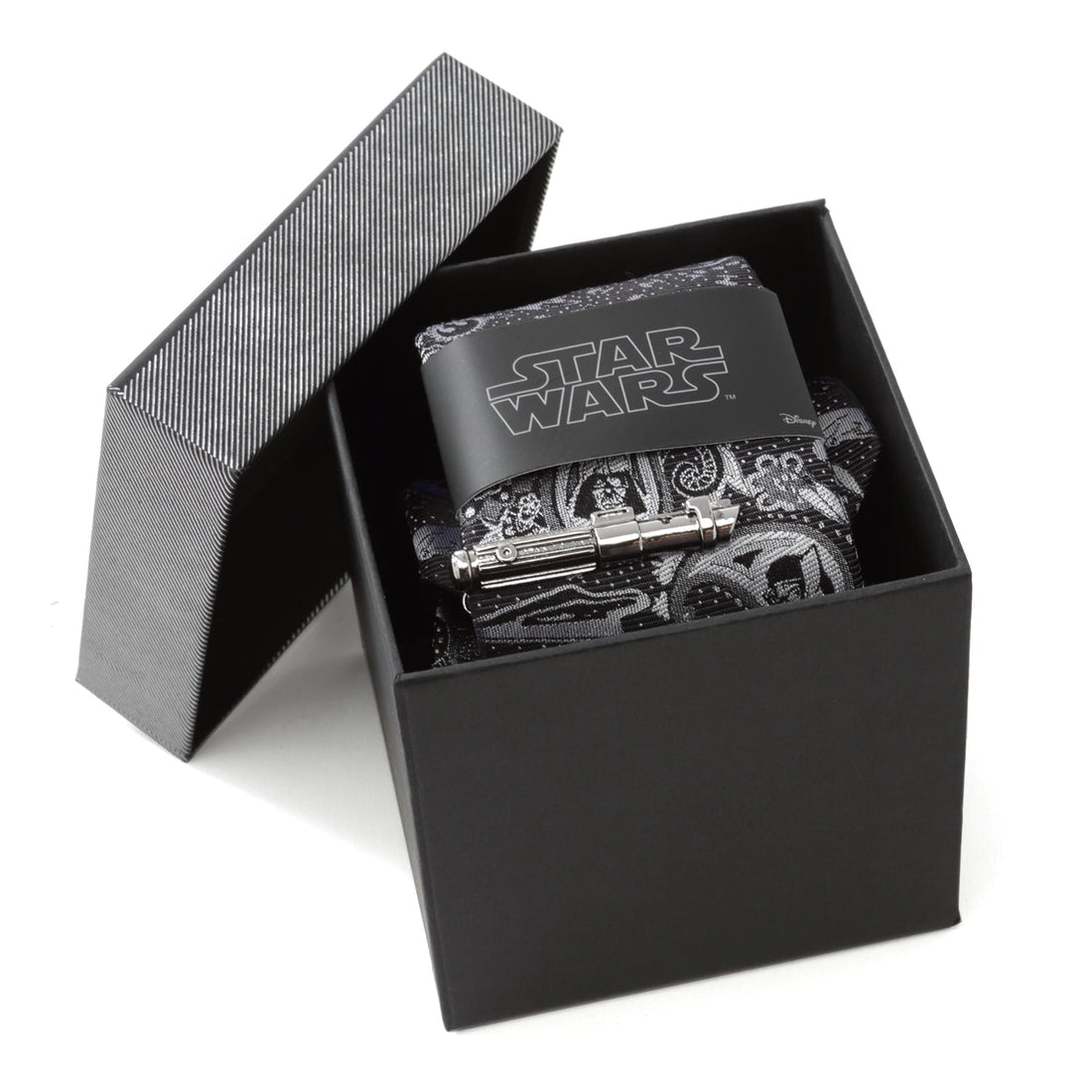 Star Wars Darth Vader Black and Gray Paisley Tie and LIGHTSABER Tie Clip Gift Set