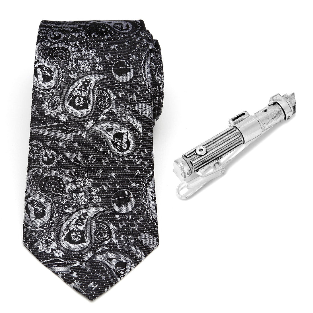 Star Wars Darth Vader Black and Gray Paisley Tie and LIGHTSABER Tie Clip Gift Set
