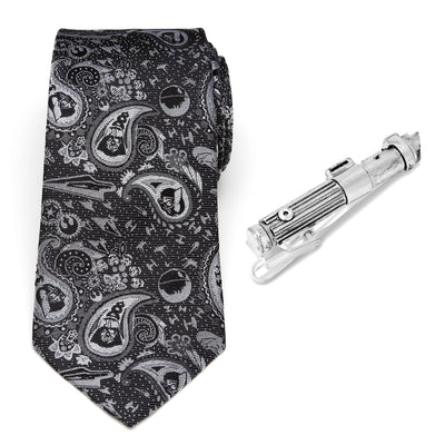 Star Wars Darth Vader Black and Gray Paisley Tie and LIGHTSABER Tie Clip Gift Set 