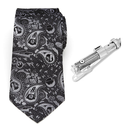 Star Wars Darth Vader Black and Gray Paisley Tie and LIGHTSABER Tie Clip Gift Set