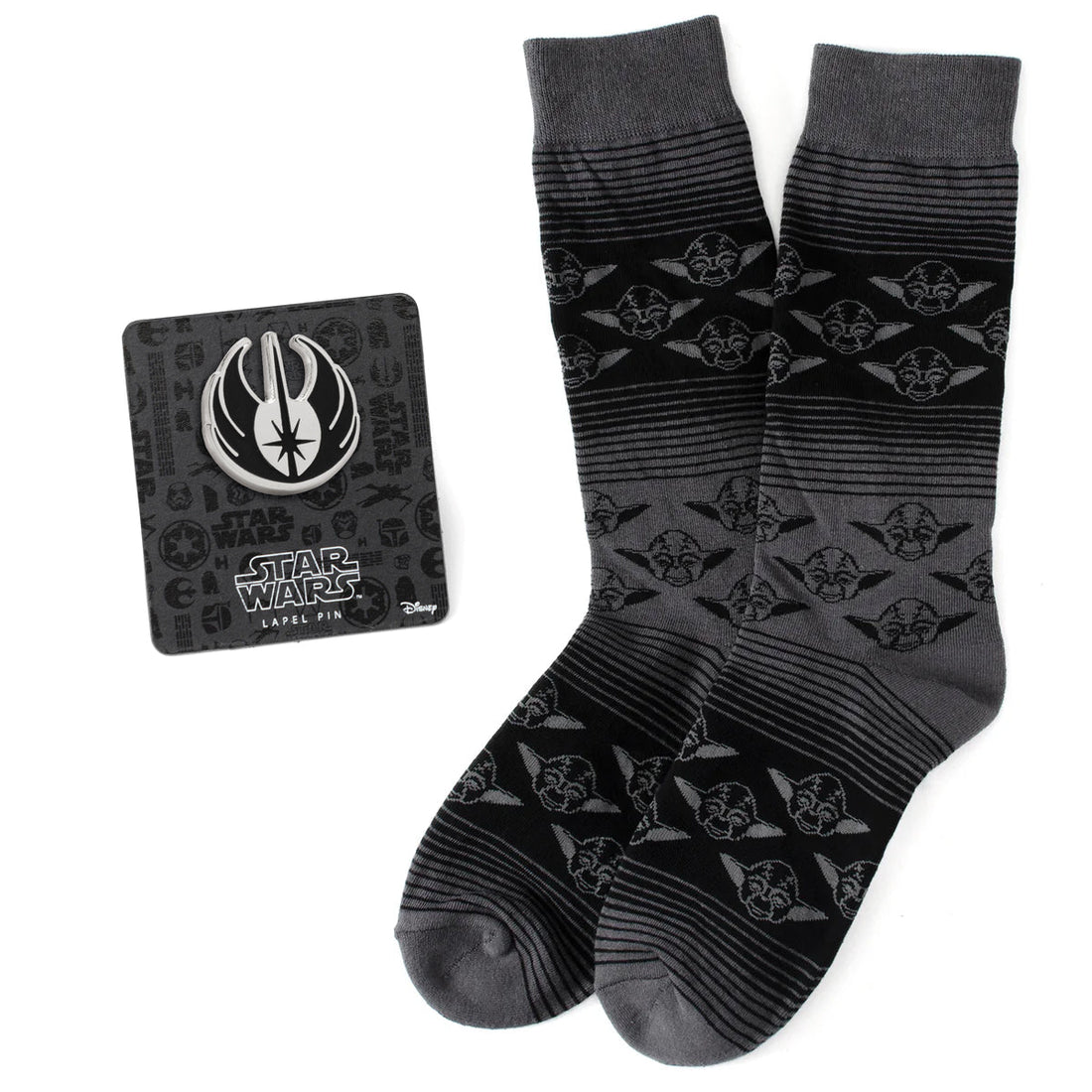 Star Wars Yoda Black Charcoal Dress Socks and Jedi Crest Lapel Pin Gift Set