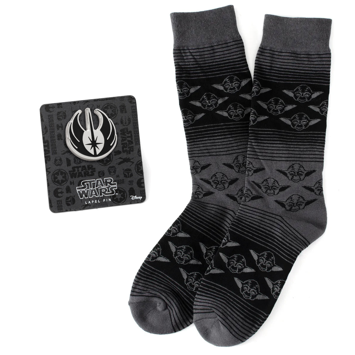 Star Wars Yoda Black Charcoal Dress Socks and Jedi Crest Lapel Pin Gift Set
