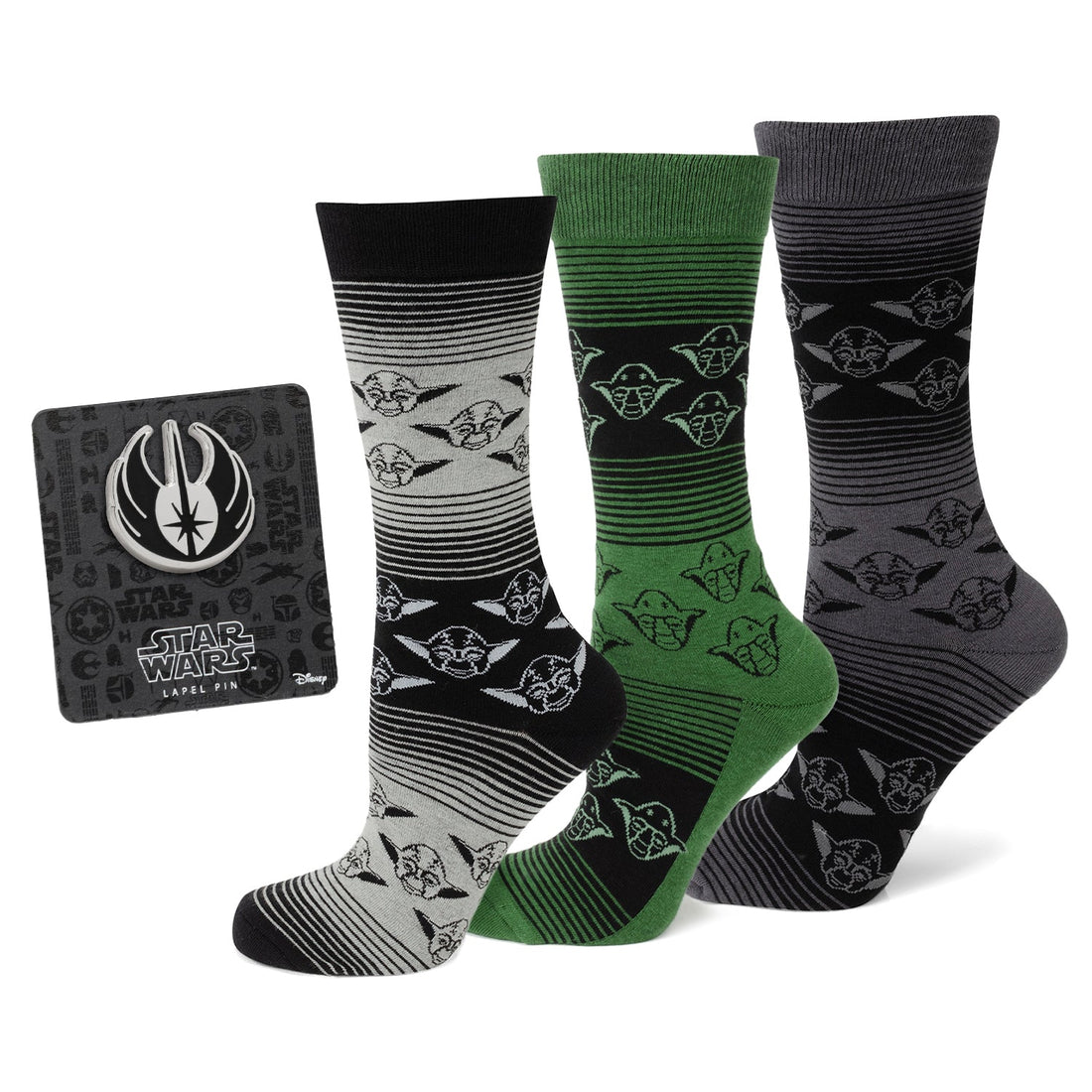Star Wars Yoda Green, Gray, and Black Ombre Dress Socks and Jedi Crest Lapel Pin Gift Set  DestGlow