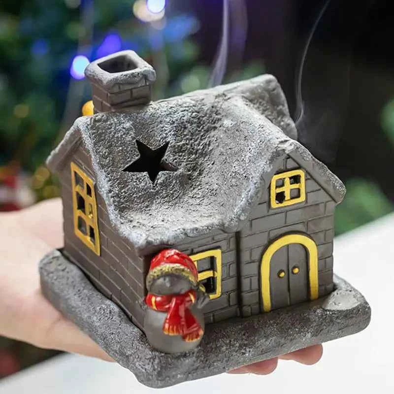 Christmas House Incense Burner - Ceramic Aroma Cone Burner with Chimney Design and Ash Catcher for Table Décor