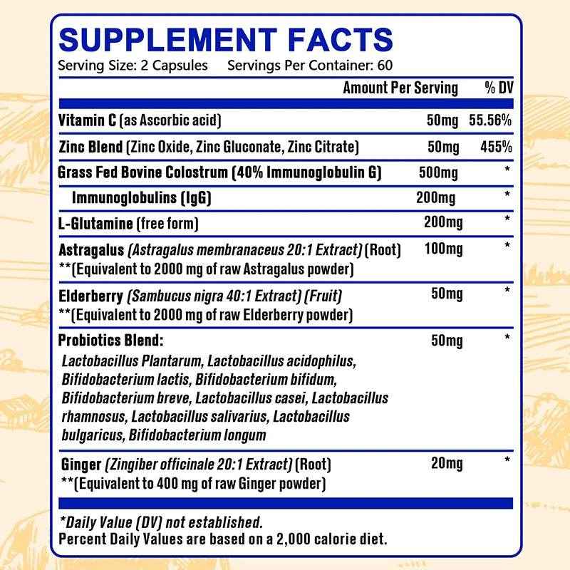 Colostrum Supplement Capsules 5250 Mg, Grass Fed Colostrum (40% IgG 500 Mg, Probiotics 50 Mg. Vitamin C Ginger Zinc