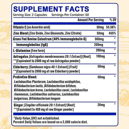 Colostrum Supplement Capsules 5250 Mg, Grass Fed Colostrum (40% IgG 500 Mg, Probiotics 50 Mg. Vitamin C Ginger Zinc