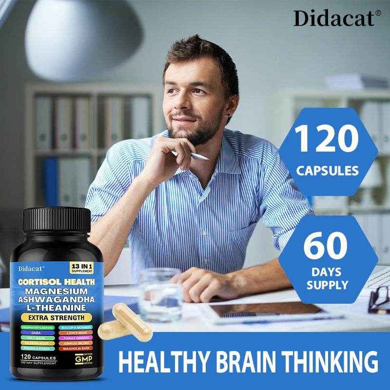 13-in-1 Cortisol Supplement - Magnesium Ashwagandha for Brain Memory, Thinking, Brain Cell Health, Mood, Relaxation