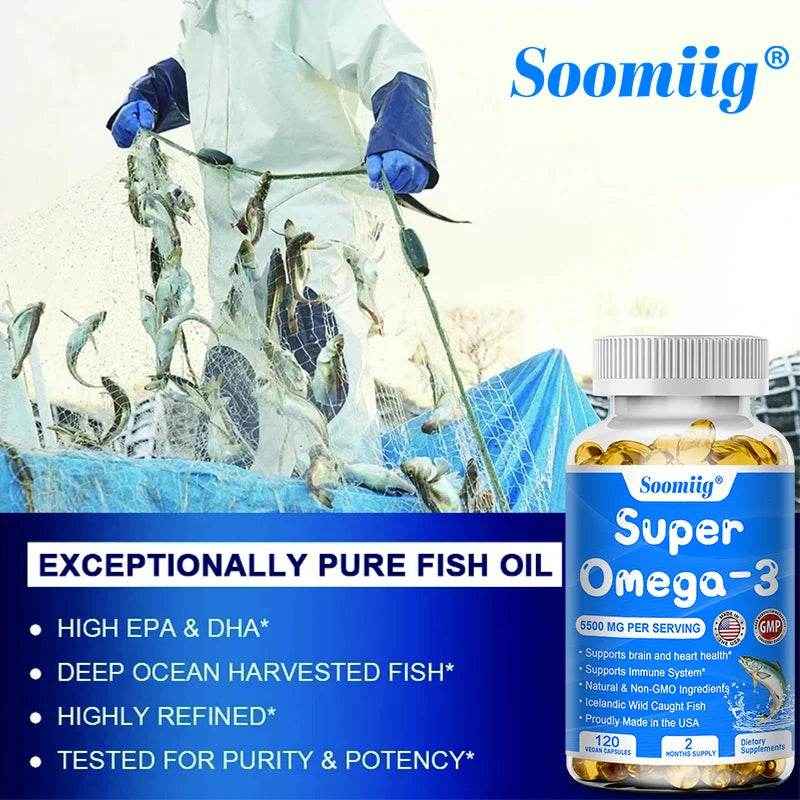 Wild Caught Super Strength Omega 3 Fish Oil 120 Softgels 5500mg High EPA 1200mg DHA 900mg Non-GMO Gluten Free Dietary Supplement