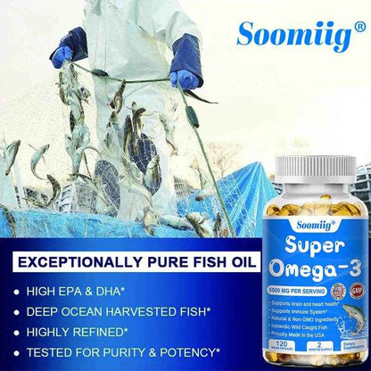 Wild Caught Super Strength Omega 3 Fish Oil 120 Softgels 5500mg High EPA 1200mg DHA 900mg Non-GMO Gluten Free Dietary Supplement