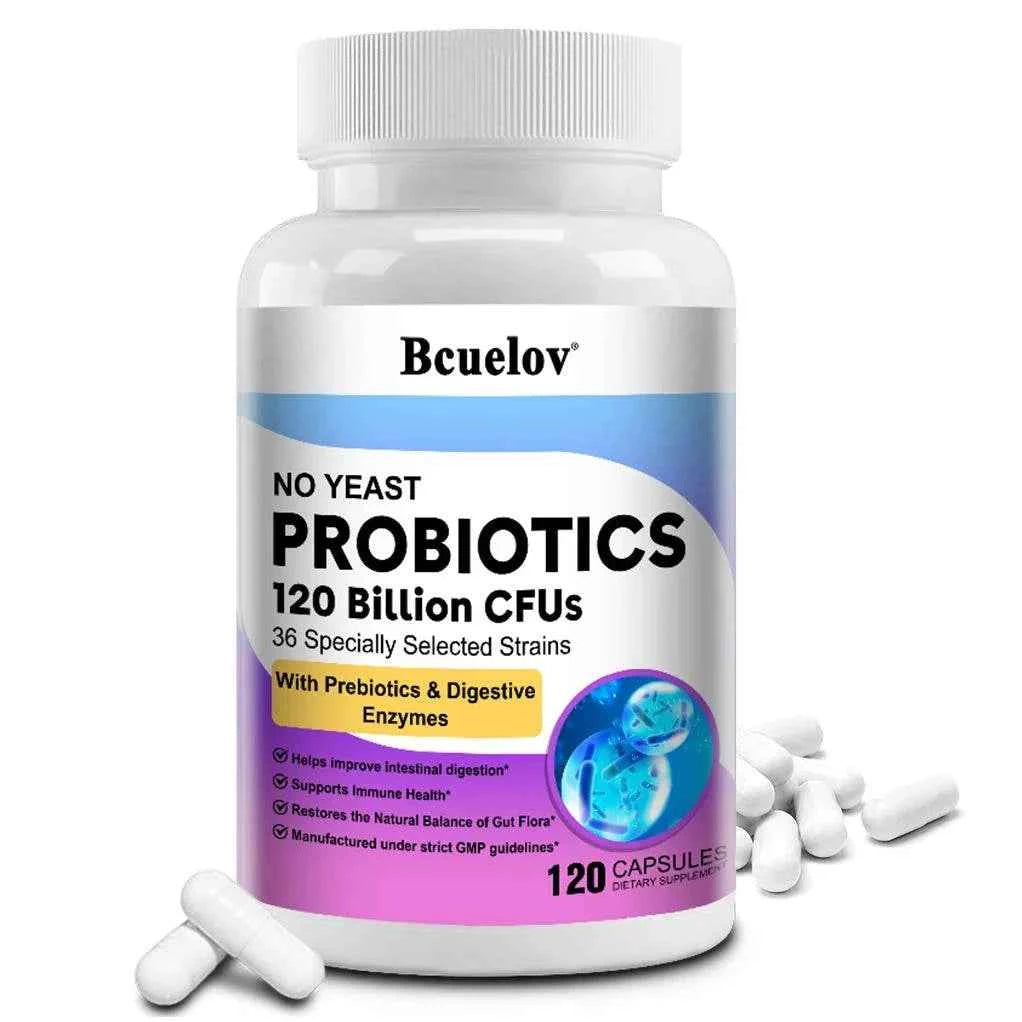 Bcuelov Probiotics 120 Billion CFU - 36 Strains with Prebiotics &amp; Digestive Enzymes for Intestinal Digestion and Immune Support
