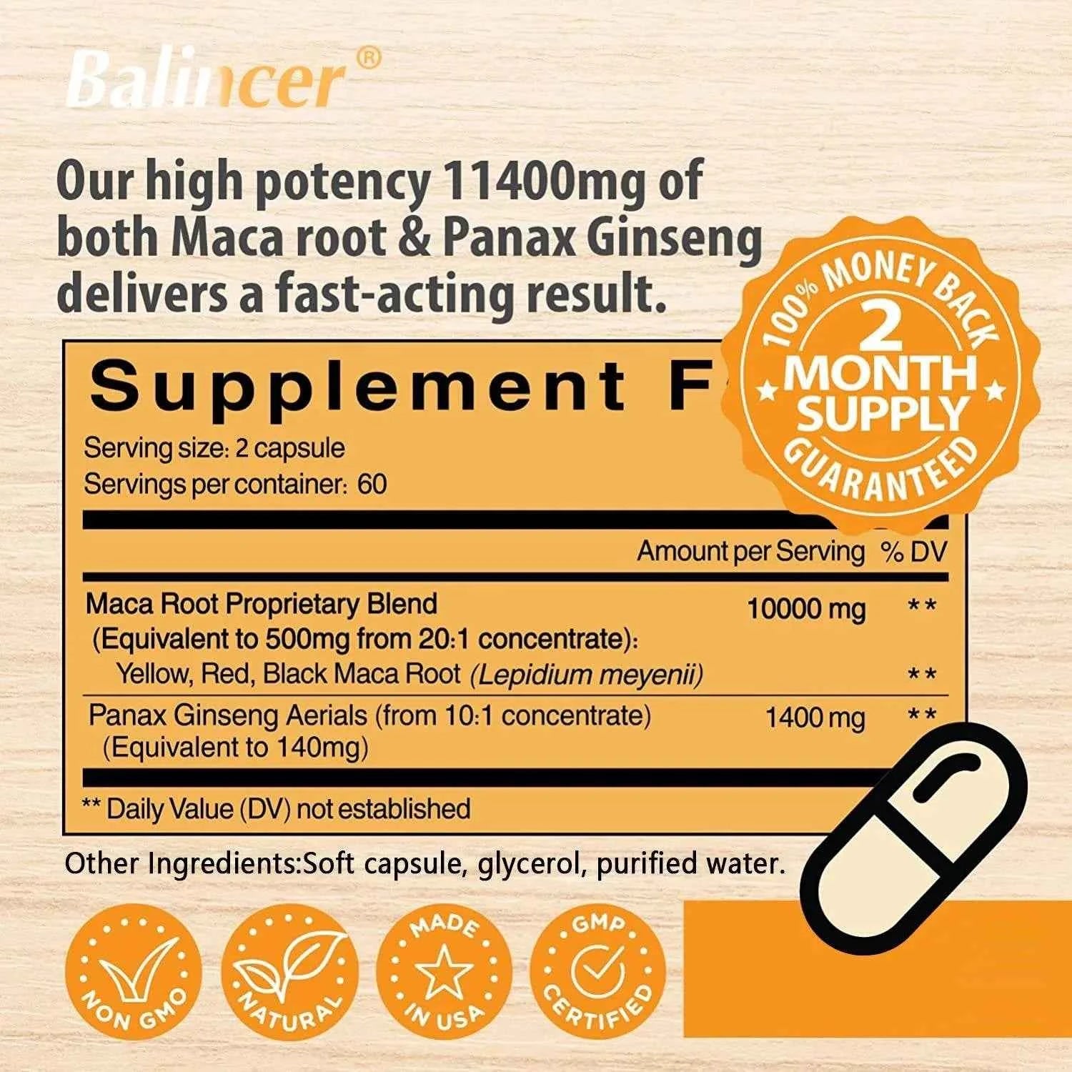 Maca Root + Ginseng Extract Capsules for Adult Men and Women - Energy, Vitality, Endurance and Muscle Mass