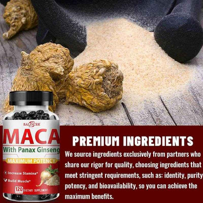 Maca Root + Ginseng Extract Supplement - Performance, Muscle Building, Energy, 120 Vegetarian Capsules