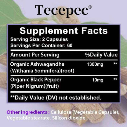 Organic Ashwagandha 1300 mg Supplement with Black Pepper Root Powder to Help Relieve Stress and Stay Calm, 120 Capsules