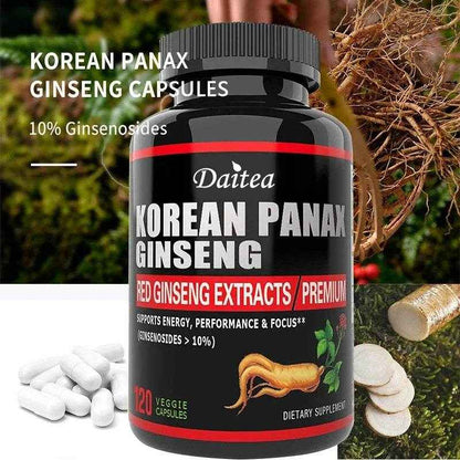 Korean Red Ginseng Vegetarian Capsules - Balances Energy Levels, Reduces Stress, Helps Maintain Memory, Focus and Fights Fatigue