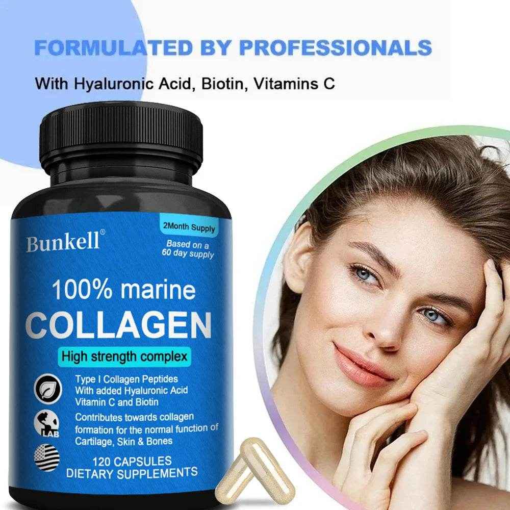 Marine Collagen | with Hyaluronic Acid, Vitamin C and Biotin | High Strength Collagen Supplement for Men and Women 120 Capsules