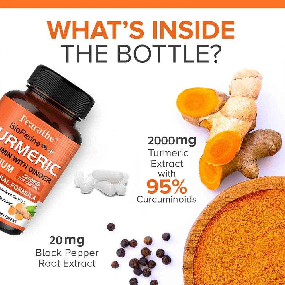 Fearathe Turmeric Supplement - Contains black pepper and ginger for antioxidant benefits, improved joint mobility, inflammation