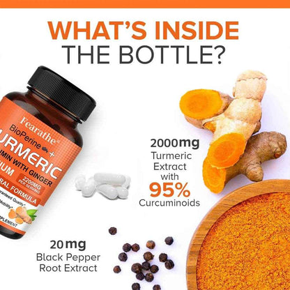Fearathe Turmeric Supplement - Contains black pepper and ginger for antioxidant benefits, improved joint mobility, inflammation