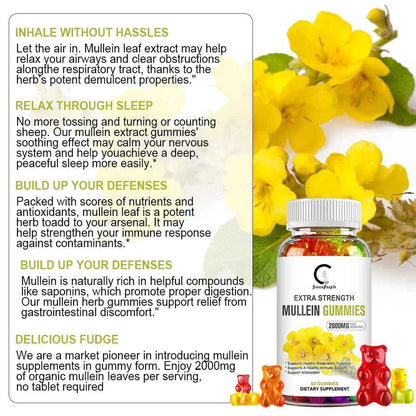 Mullein Gummies for Lung Cleanse, Extra Strength Mullein Leaf Extract, Deep Sleep Better Boost Immune System Iherbal Supplement