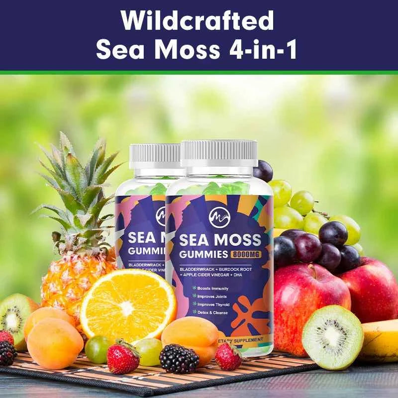 Sea Moss Gummies - 60 Gummies - Made with Bladderwrack &amp; Burdock Root - Seamoss Supplement for Thyroid, Energy, Immune Support