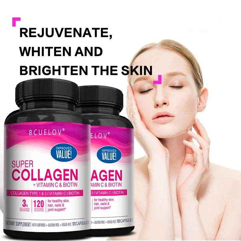 Collagen + Vitamin C plus Biotin, Anti-Aging Support, Antioxidant, Brightener, Skin, Hair &amp; Nails Supplement, 120 Capsules