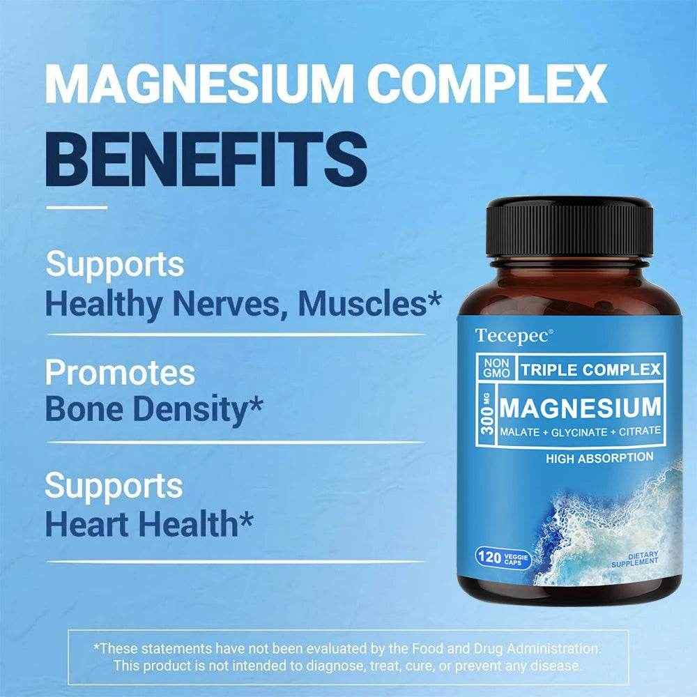 Triple Magnesium Complex | 300 mg Magnesium Glycinate, Malate &amp; Citrate, Muscle, Nerve &amp; Energy Support, 120 Capsules