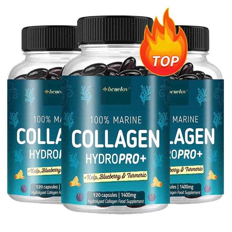 Powerful Marine Collagen - With Hyaluronic Acid, Biotin &amp; Blueberry - 1400mg Complex-Hydrolyzed Type 1-With Vitamins &amp; Minerals