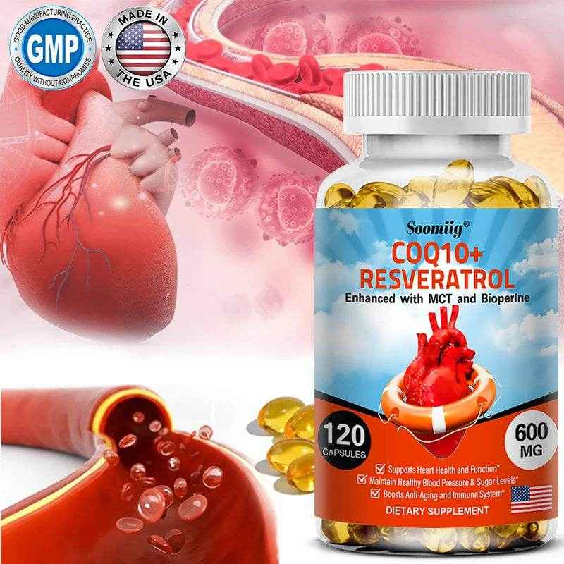 120 CoQ10 + Resveratrol Capsules Supplement to Support Energy, Vitamins, Heart Health and Blood Pressure Levels