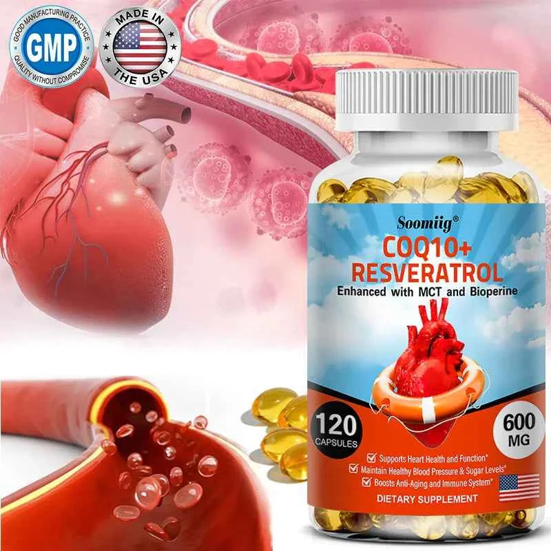 120 CoQ10 + Resveratrol Capsules Supplement to Support Energy, Vitamins, Heart Health and Blood Pressure Levels