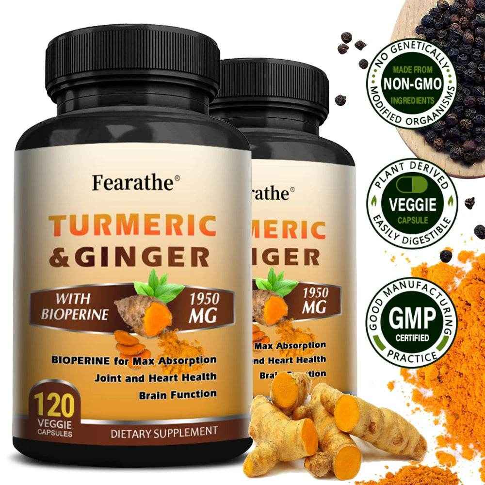 Turmeric Ginger Capsules with BioPerine 1950 Mg - Black Pepper for Better Absorption, Natural Joint, Heart and Brain Support