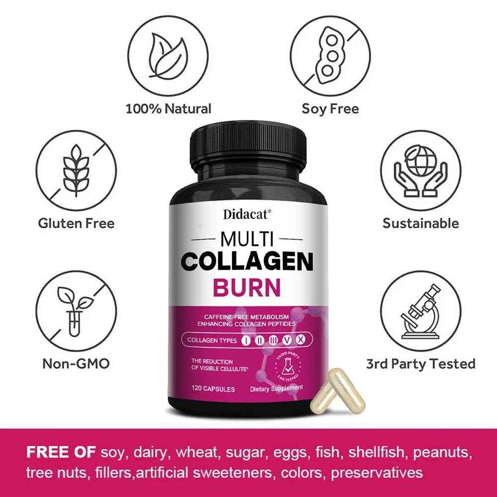 Didacat Multi-Collagen Burn - Hair, Nails, Skin, Joints, Teeth and Gum Health, Boost Metabolism, Burn Fat
