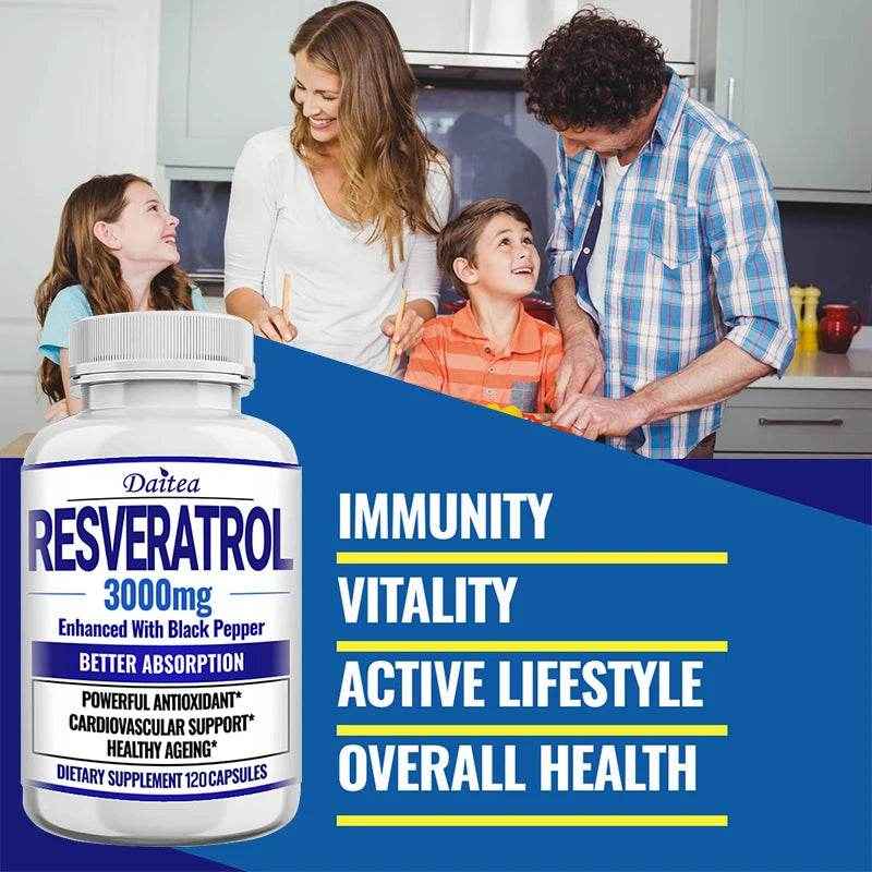 Natural Resveratrol Antioxidant Supplement - Balances Body Energy, Skin Cell Health, Brain Function and Immune System