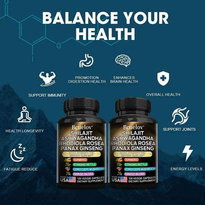 Shilajit Pure Himalayan with Ashwagandha, Rhodiola, Ginseng, Men &amp; Women Supplement - Brain, Energy, Joints, Immunity