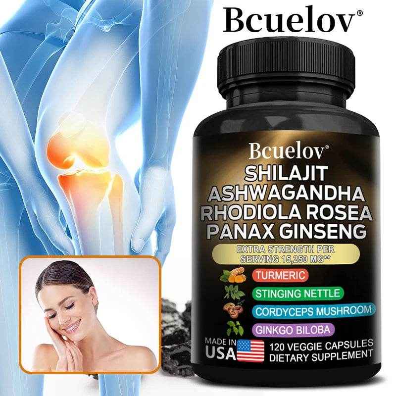 Shilajit Pure Himalayan with Ashwagandha, Rhodiola, Ginseng, Men &amp; Women Supplement - Brain, Energy, Joints, Immunity