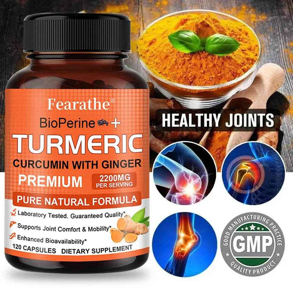Fearathe Turmeric Supplement - Contains black pepper and ginger for antioxidant benefits, improved joint mobility, inflammation