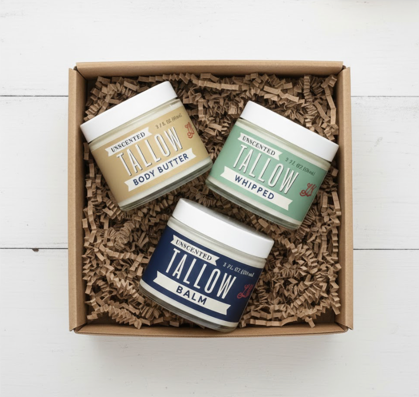 Unscented Tallow Skincare 9oz Trio - Whipped Moisturizer, Body Butter &amp; Balm | Lady May Tallow