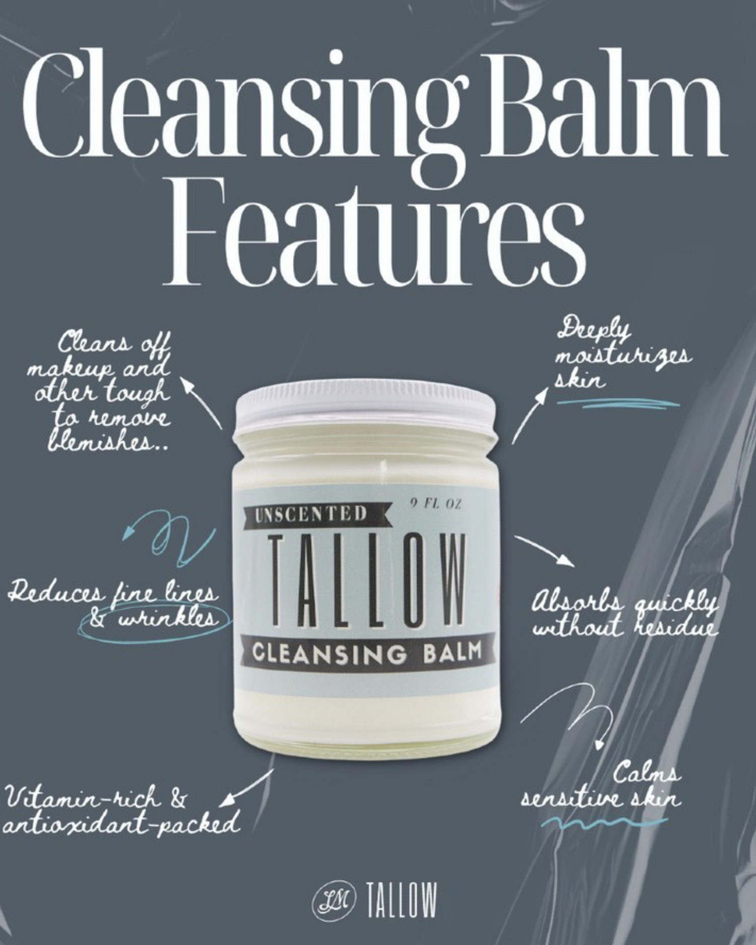 Unscented Tallow Cleansing Balm | Natural Makeup Remover &amp; Deep Moisturizing Cleanser | Grass-Fed Beef Tallow with Castor Oil