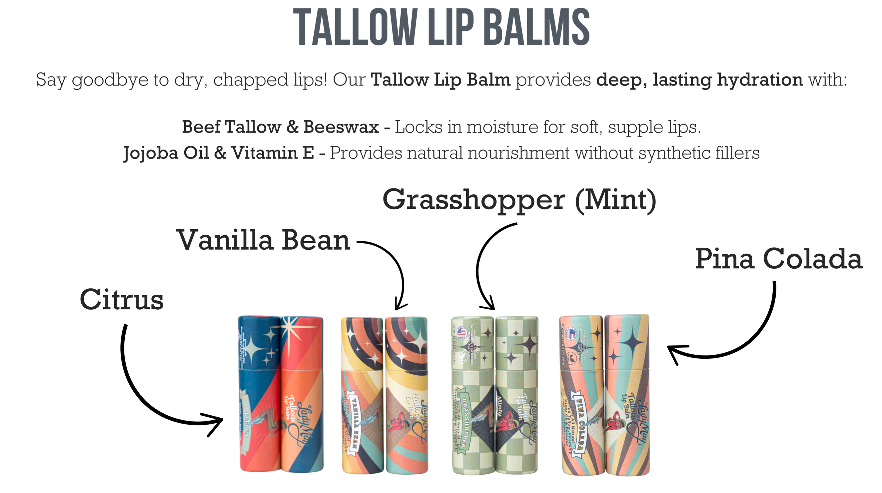 Tallow Lip Balm - CHOOSE A FLAVOR - Natural Beef Tallow Lip Moisturizer with Beeswax &amp; Jojoba Oil